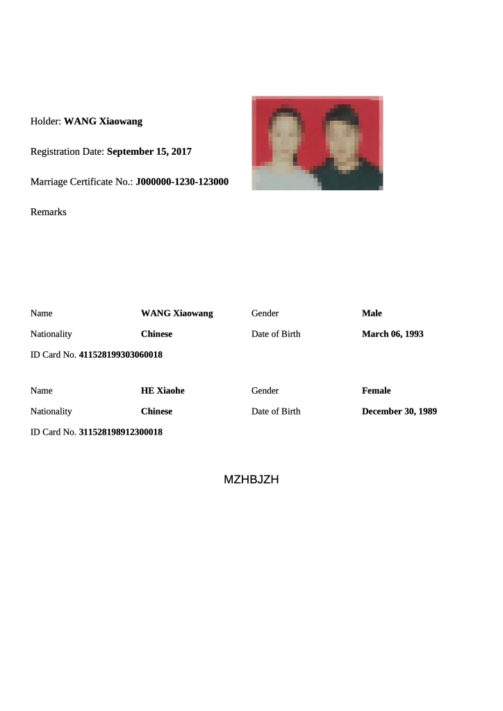 Sample certified translation of a Chinese marriage certificate into English (personal details redacted).